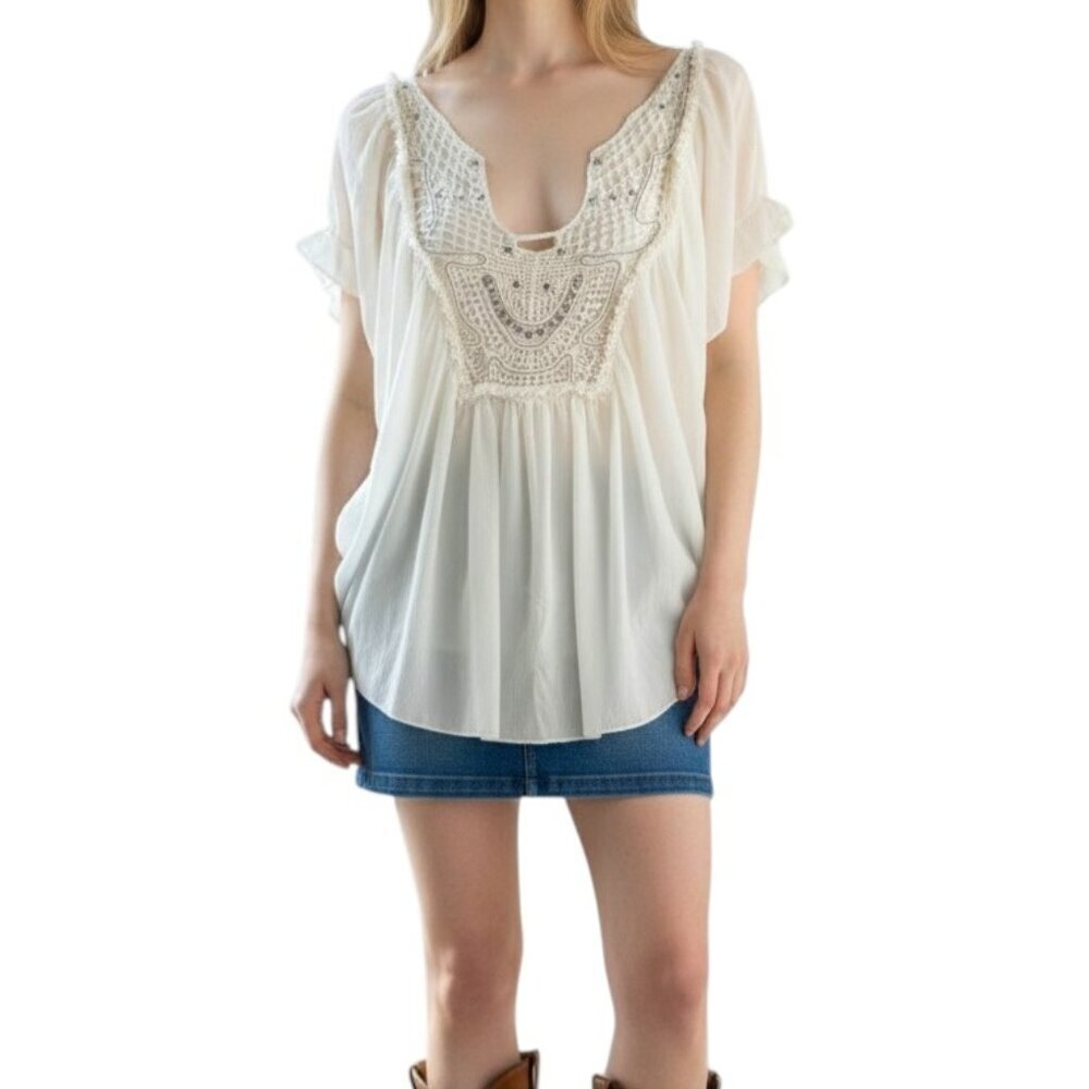 FREE People White Crochet Front Boho Butterfly Top Size XS